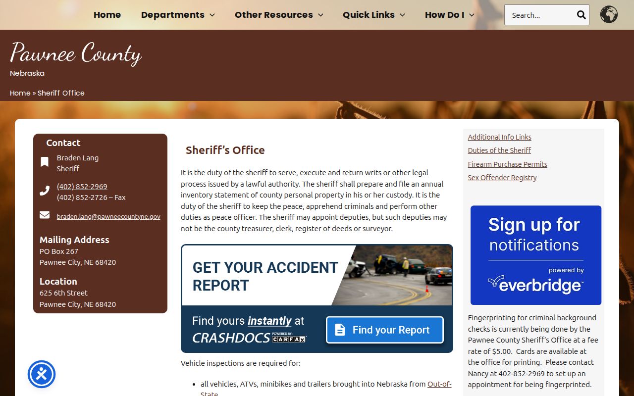 Pawnee County booking-record contacts on the sheriff page